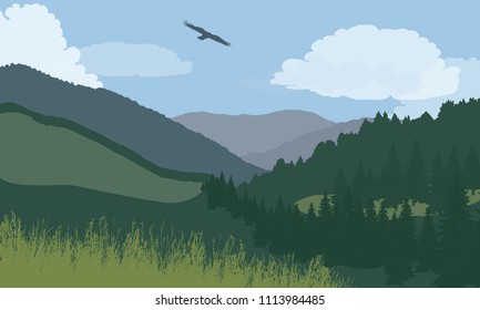 Illustration of mountain landscape with forest and meadow, under blue sky with clouds and flying bird - vector