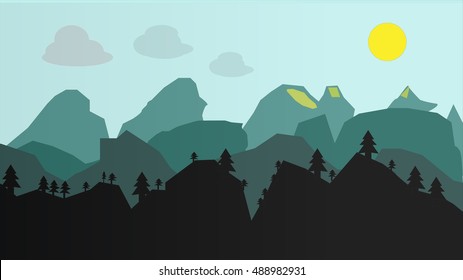 an illustration of mountain landscape with full moon and clond in the night with forest silhouette