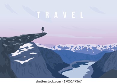  illustration of mountain landscape. Lonely hiker standing on top and looking into valley