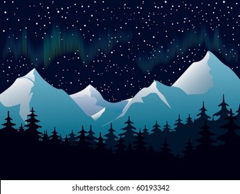 An illustration of mountain landscape with northern lights and forest silhouettes.
