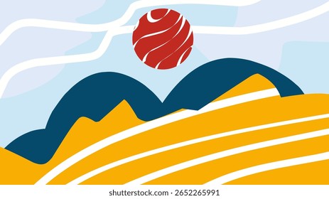 Ilustração de uma paisagem de montanha com uma esfera vermelha no meio