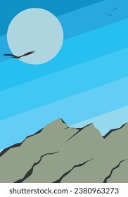 illustration of mountain landscape with rocks under blue sky with flying birds.