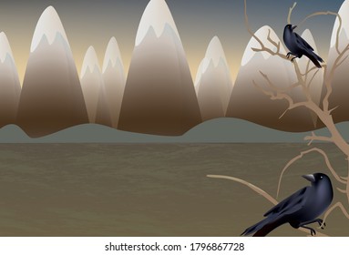 illustration mountain landscape, snowy peaks, hills, gray-green field, dry tree, on it two black crows
