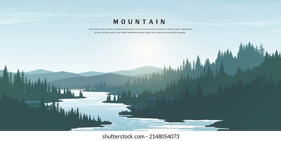 Illustration of a mountain landscape The sun rises in the morning over mountains and rivers and lakes.