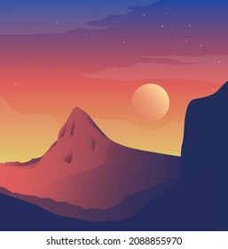 illustration of mountain landscape with sunset background