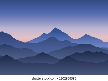 Illustration of mountain landscape under blue morning or evening sky with sunrise or sunset - vector