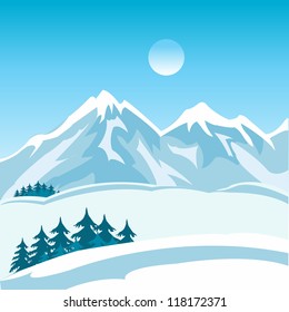 Illustration of the mountain landscape in winter