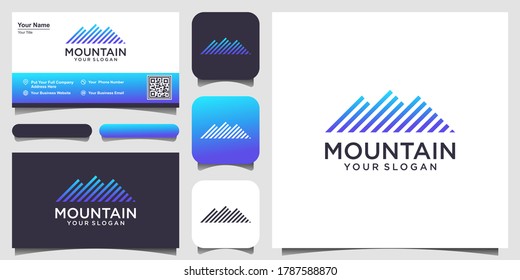 illustration of mountain with line art style logo and business card design vector.