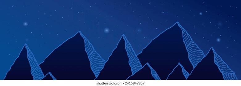 Ilustración de una montaña con líneas y un cielo estrellado. Esbozo de un paisaje montañoso, dibujo de pluma. Abstracción vectorial.