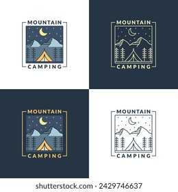 illustration of mountain night camping monoline or line art style, design can be for t shirts, sticker, printing needs