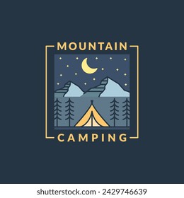 illustration of mountain night camping monoline or line art style, design can be for t shirts, sticker, printing needs