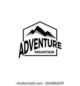 Illustration of mountain, outdoor adventure. Hand drawn travel badge with pine tree textured vector illustration 