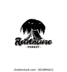Illustration of mountain, outdoor adventure. Hand drawn travel badge with pine tree textured vector illustration 