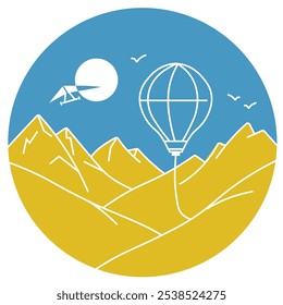 Eine Illustration einer Bergkette mit einem Ballon, der sich in den Himmel erhebt und eine Vorlage für ein Poster schafft, das für Abenteuer, Reisen und Outdoor-Aktivitäten verwendet werden könnte.
