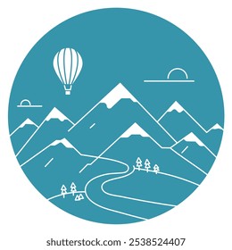 An illustration of a mountain range with a balloon rising in the sky, creating a template for a poster that could be used for adventures, travel and outdoor activities.
