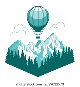 Eine Illustration einer Bergkette mit einem Ballon, der sich in den Himmel erhebt und eine Vorlage für ein Poster schafft, das für Abenteuer, Reisen und Outdoor-Aktivitäten verwendet werden könnte.
