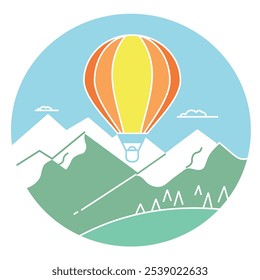 Eine Illustration einer Bergkette mit einem Ballon, der sich in den Himmel erhebt und eine Vorlage für ein Poster schafft, das für Abenteuer, Reisen und Outdoor-Aktivitäten verwendet werden könnte.
