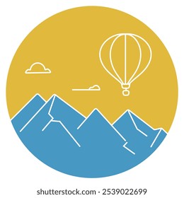 Eine Illustration einer Bergkette mit einem Ballon, der sich in den Himmel erhebt und eine Vorlage für ein Poster schafft, das für Abenteuer, Reisen und Outdoor-Aktivitäten verwendet werden könnte.
