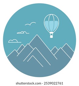 Eine Illustration einer Bergkette mit einem Ballon, der sich in den Himmel erhebt und eine Vorlage für ein Poster schafft, das für Abenteuer, Reisen und Outdoor-Aktivitäten verwendet werden könnte.
