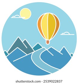 Eine Illustration einer Bergkette mit einem Ballon, der sich in den Himmel erhebt und eine Vorlage für ein Poster schafft, das für Abenteuer, Reisen und Outdoor-Aktivitäten verwendet werden könnte.
