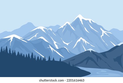 ilustración de una cordillera con el concepto de viajes en silueta forestal, turismo, senderismo y trekking