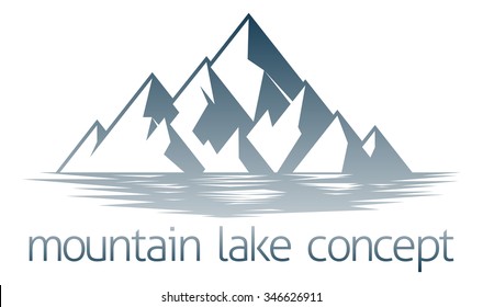 An illustration of a mountain range over a lake or river