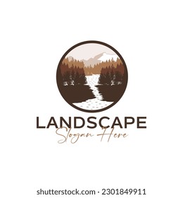 Illustration of a mountain and river landscape.