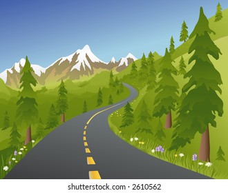 Illustration of a mountain road in the summer