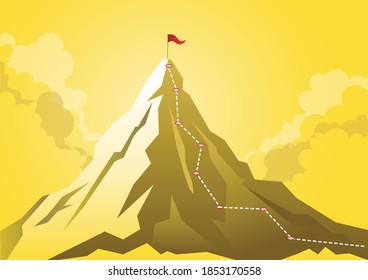 An illustration of a mountain with route path to mountain peak, business journey and planning concept.