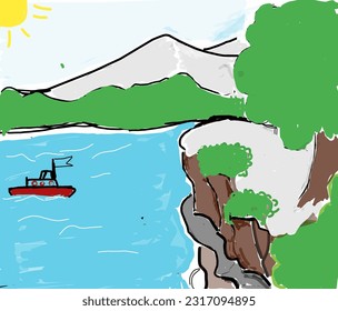 Illustration of mountain scenery, blue sea and red boat