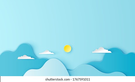 Illustration of mountain scenery with cloud in aerial view. Mountain and cloudy scenery on paper art style. paper cut and craft style. vector, illustration.