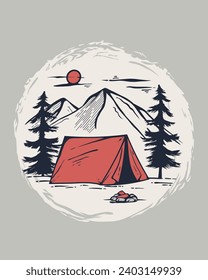 illustration of a mountain with several trees and a camping tent with a classic design, suitable for t-shirt designs, wall decorations, wall posters, etc