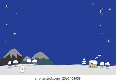 Illustration of a mountain, a small house and a snowman on a winter night