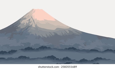 Illustration of a mountain with a snow-capped peak. The mountain is surrounded by misty clouds. The mountain and clouds create a serene landscape. Vintage Japanese illustration vector.