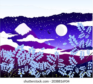 Illustration of a mountain with stars and moon at night. Gradient style. Mountains and clouds. Flying birds and crickets. It is suitable for an image, poster, screensaver or background.