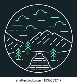 Illustration of a mountain and stream with green and white outline color. Mountain and river line art design in a minimalist style. Illustration design for apparel products, mugs and wall posters