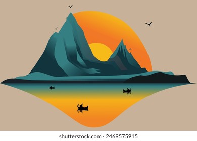 Illustration of a mountain at sunset and around it there are several birds