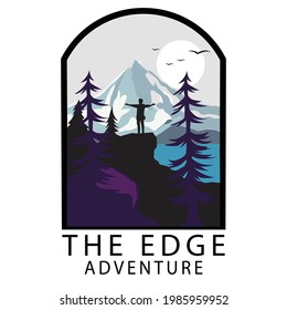 Illustration of mountain trekking for your shirt design or tourism business. Emblem, badge, sticker, outdoor.