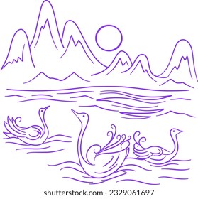 Illustration of mountain and two stylized swans float gracefully on the water against the backdrop of mountain peaks.