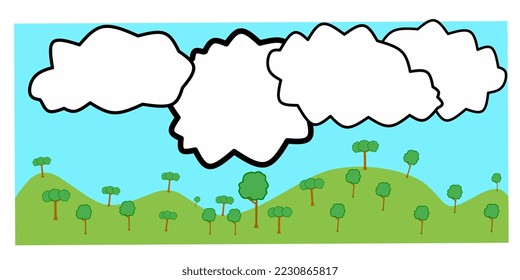 illustration of a mountain view against a background of white clouds and blue sky