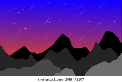 illustration of a mountain view with a background of a clear sky, sparkling stars and falling meteors