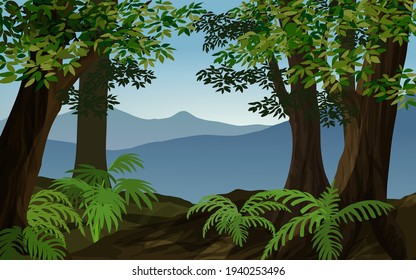 Illustration of mountain view in forest 