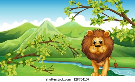 Illustration of the mountain view with a lion and a river