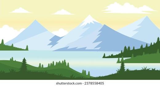 Illustration eines Bergpanoramablick am Morgen mit hellen Farben