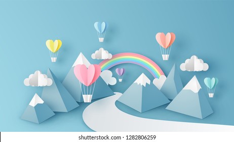 Illustration of mountain view scenery with heart shape hot air balloons float up in the sky on 3D paper art. Landscape view scene for Valentine's day. paper cut and craft style. vector, illustration.