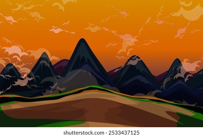 ilustração da vista da montanha a partir do topo da colina