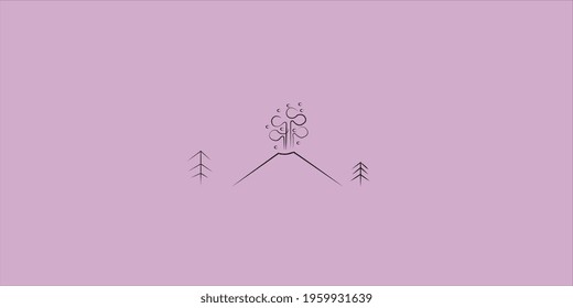 illustration of a mountain or volcano during an eruption surrounded by a pine or coniferous forest. eruption of Mount Etna in Sicily with lion and magma. place her vacation in the mountains.