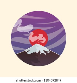 Illustration of a mountain volcano with sun