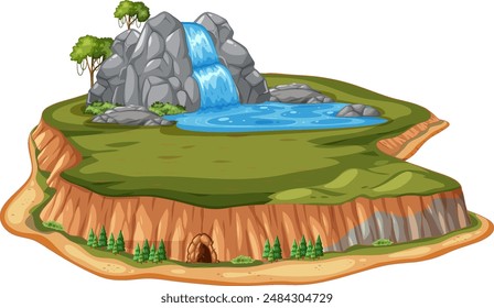 Illustration of a mountain, waterfall, and cave