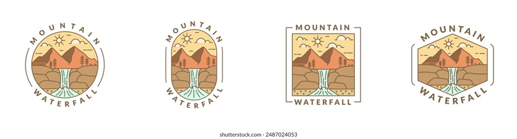 illustration of mountain and waterfall outdoor monoline or line art style vector